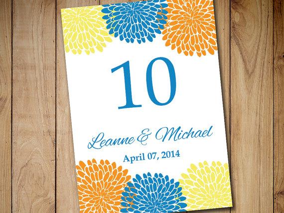 Hochzeit - Printable Wedding Table Number Template - Chrysanthemum Table Number Yellow Orange Blue - Flat Table Card Download 5x7 Wedding Seating