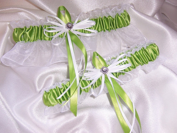 Wedding - Elegant Lime Green and White Wedding Garter Set - bridal lingerie
