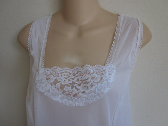 زفاف - Full slip white nylon nightgown chemise lingerie L XL 40 bust