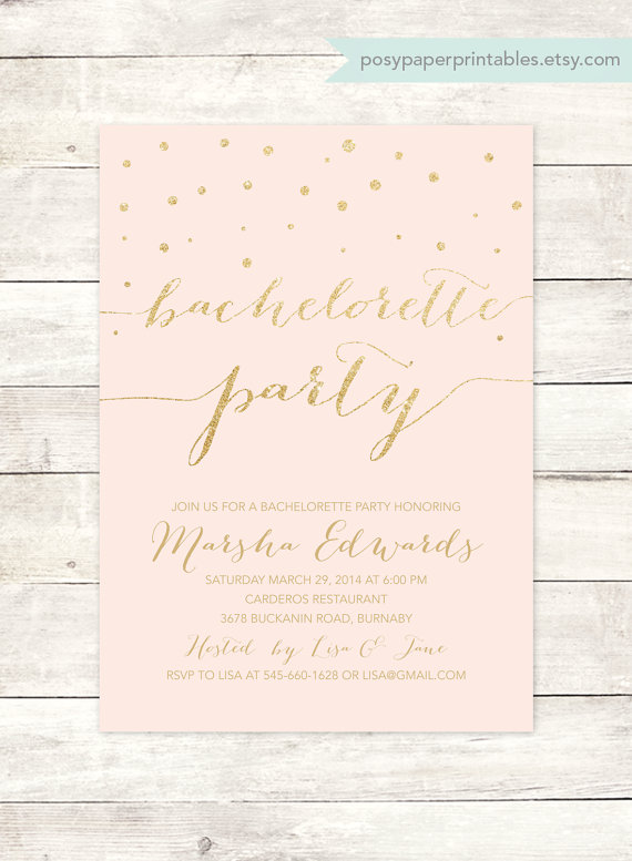 زفاف - pink gold bachelorette party invitation printable blush pink gold glitter confetti modern stagette digital invite customizable personalized