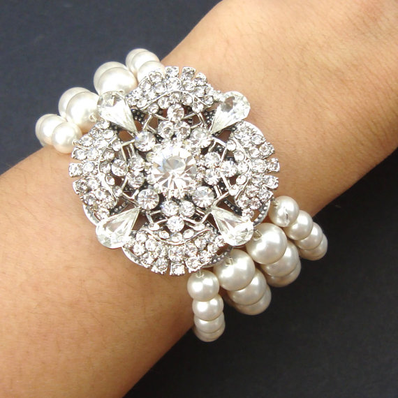 زفاف - Pearl Cuff Bridal Bracelet, Vintage Style Wedding Bracelet, Statement Bridal Bracelet, Ivory White Pearl Wedding Bridal Jewelry, LOUISE