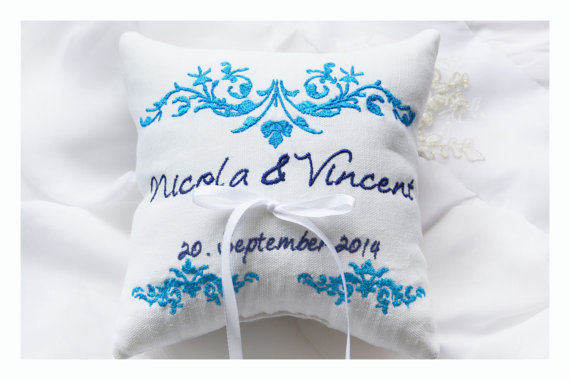 Свадьба - Wedding Pillow , Linen ring bearer pillow , wedding ring pillow, Custom embroidered ring bearer pillow (R10)
