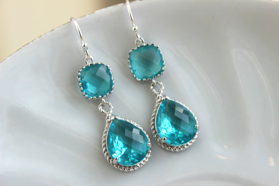 زفاف - Sea Green Teal Earrings Blue Silver Jewelry Teardrop Glass - Teal Blue Bridesmaid Earrings Wedding Earrings Teal Bridesmaid Jewelry