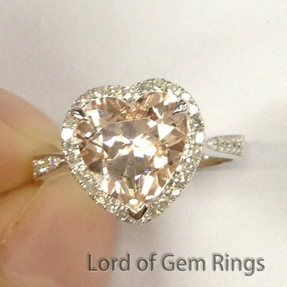 Wedding - Morganite with Diamonds Engagement Ring in 14K White Gold,8mm Heart Shaped Cut Morganite,Halo Diamonds Wedding Promise Bridal Ring