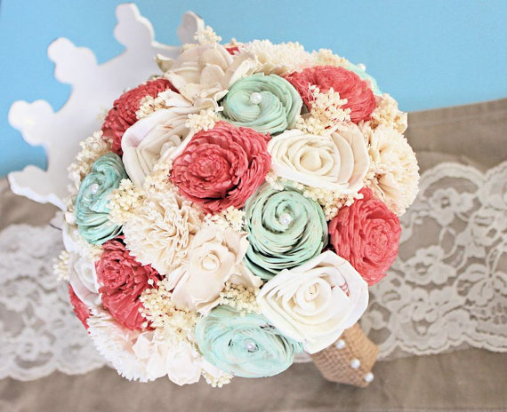 زفاف - Natural Wedding Bouquet- Coral Mint Ivory Bridal Bridesmaid Bouquet, Rustic Wedding, Alternative Bouquet, Keepsake Bouquet