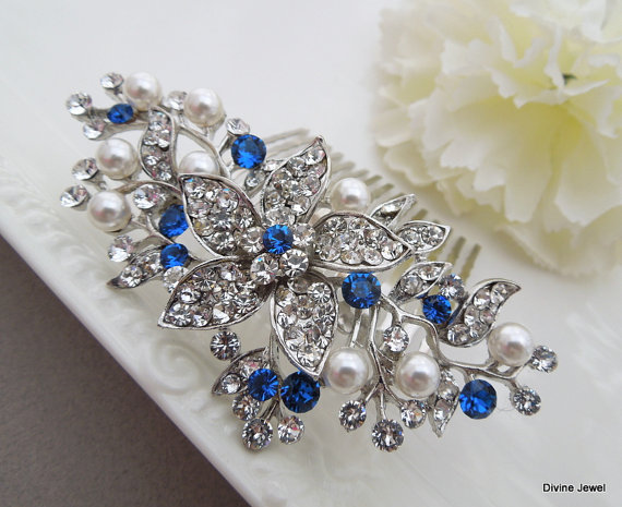 EVER FAITH Womens Blue Crystal Simulated Pearl Wedding Bride Hair Comb Filigree DIY Flower Leaf Hair Accessories 
