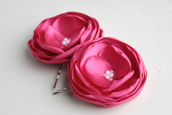 Wedding - Hot Pink Flower Hair Clips - Pink Bridesmaid Wedding Hair Accessory - Fuschia Fascinator