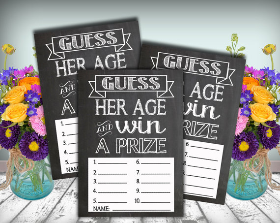 زفاف - Chalkboard Bridal Shower Guess Her Age Card Printable 5x7 PDF Instant Download Rustic Shabby Chic Woodland
