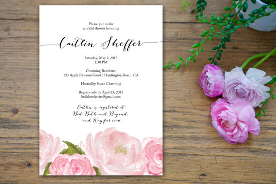 زفاف - Pink Blossoms Romantic Elegant Flower Bridal Shower Invitation - customized 5x7 printable - print bridal shower invites rose peony whimsical