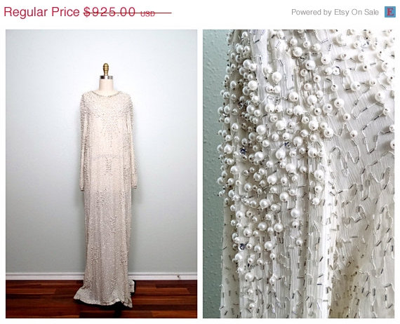 Свадьба - 1-DAY SALE Vintage Pearl Beaded Wedding Dress / Ivory Silk Glass Beaded Gown / Heavily Embellished Wedding Gown 40