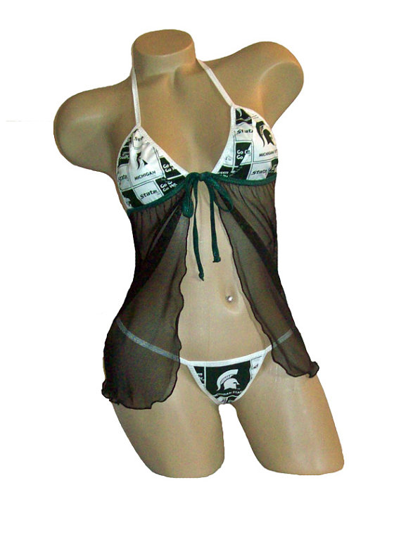 Wedding - NCAA Michigan State Spartans Lingerie Negligee Babydoll Sexy Teddy Set with Matching G-String Thong Panty