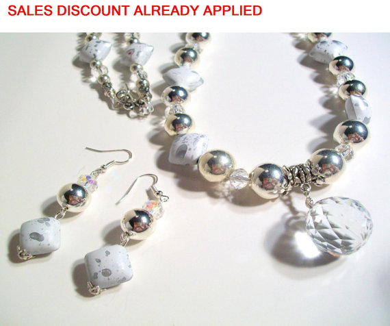 زفاف - Bridal Necklace Set, Silver & White Clear Crystal Drop Pendant Necklace, Adjustable Length, White Silver Necklace, Wedding Jewelry