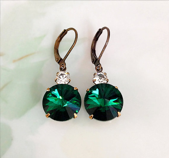 Hochzeit - Emerald Green Earrings Emerald Green Rivoli Crystal Rhinestone Dangle Earrings May Birthday Prom Wedding Bridesmaid Jewelry