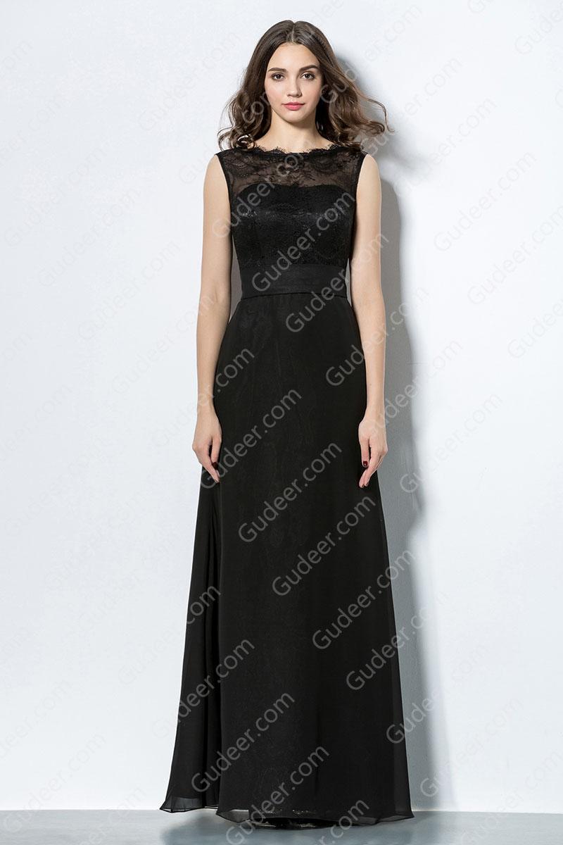 زفاف - Scalloped Neck Top Lace Slim A-line Black Chiffon Bridesmaid Dress