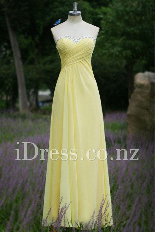 Hochzeit - Daffodil Yellow Strapless Beaded Chiffon Long Prom Dress