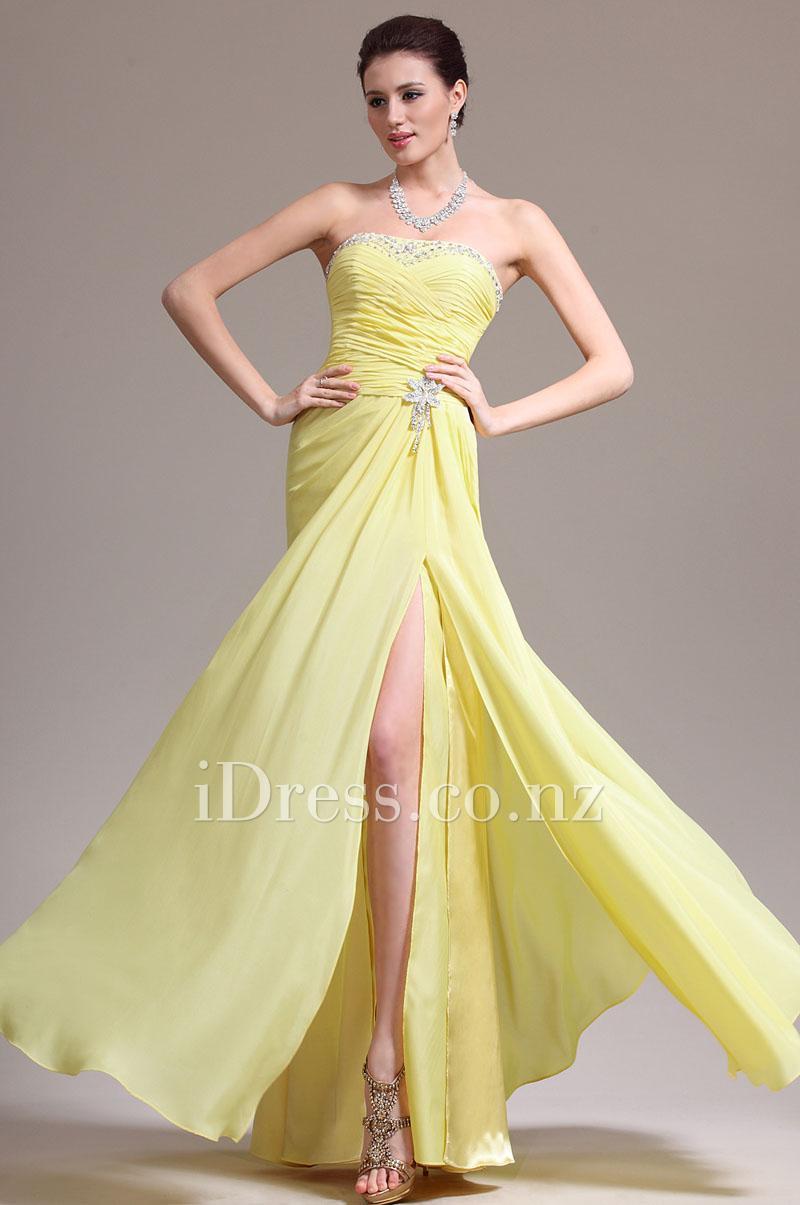 Hochzeit - Strapless Sheath Lemon Yellow Chiffon Front Split Prom Dress with Crystal Brooch