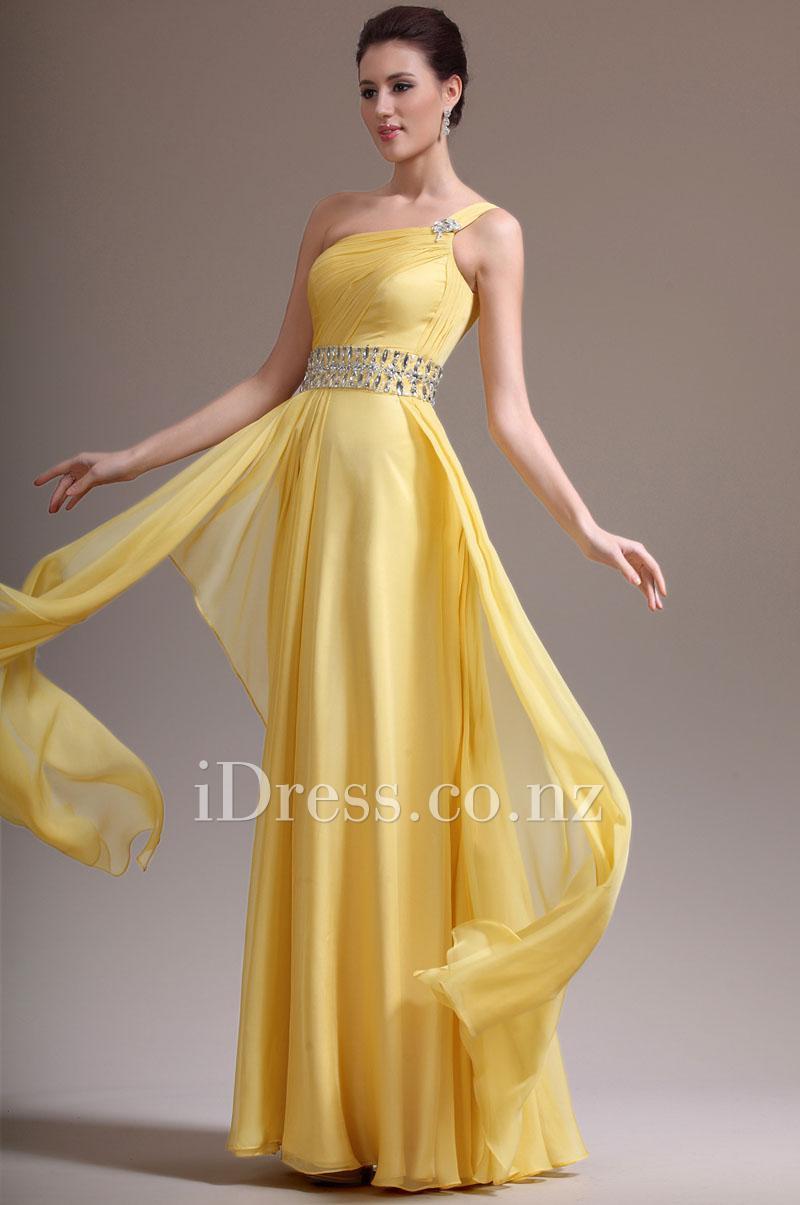 Hochzeit - Yellow Chiffon Band Beaded One Shoulder A-line Prom Dress