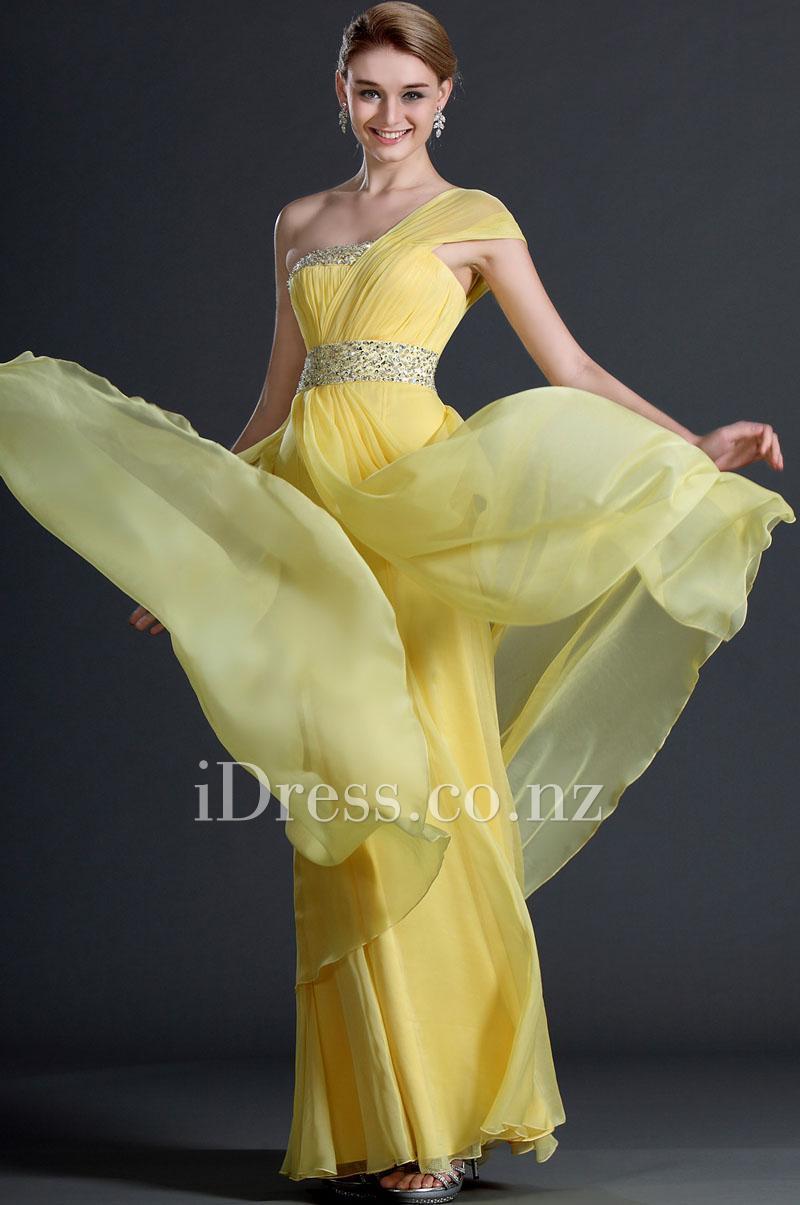 Hochzeit - Asymmetrical One Shoulder Sleeveless Yellow Chiffon Cascaded Evening Dress