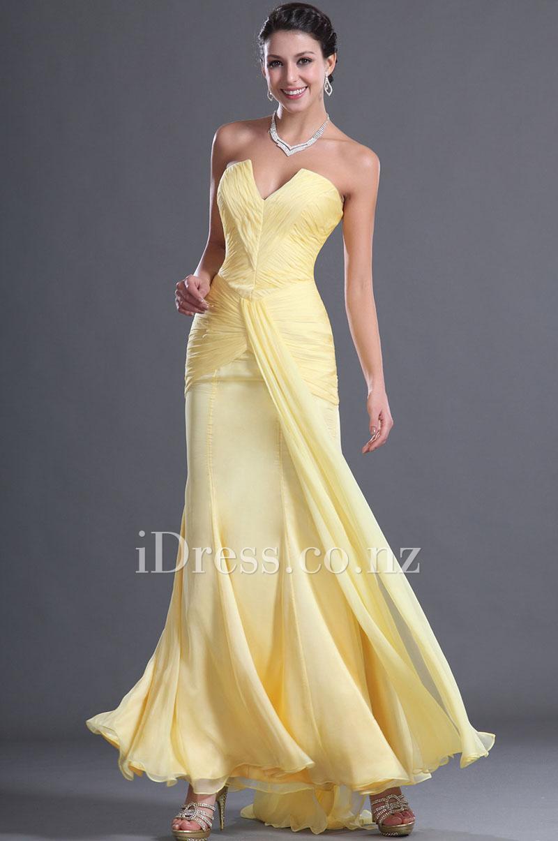 Wedding - Yellow Strapless Drop Waist Chiffon Long Prom Dress
