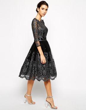 زفاف - Chi Chi London Premium Metallic Lace Midi Prom Dress With Bardot Neck