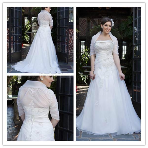 Wedding - Elegant Plus Size Wedding Dresses With Removeable Jacket Cpat Organza Applique Strapless Sweep Train Custom Bridal Dress Ball Gown Online with $122.83/Piece on Hjklp88's Store 