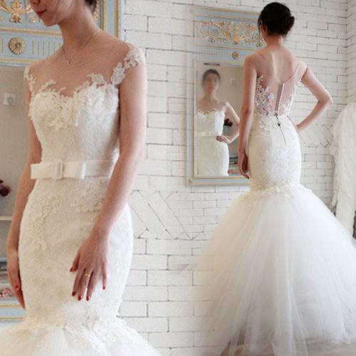 Mariage - Exquisite 2015 Sheer Mermaid Wedding Dresses Lace Garden Bodice Sexy Applique Tulle Scoop Sweep Vestido De Novia Bridal Gowns Dress Party Online with $123.72/Piece on Hjklp88's Store 