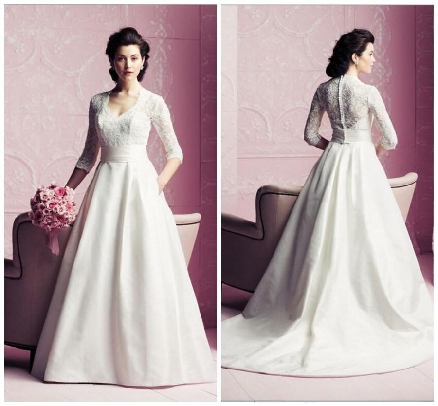 Mariage - Vintage 3/4 Long Sleeve Illusion Wedding Dresses Covered Button Sweep Train Applique V-Neck Satin Chapel Wedding Gowns Long Bridal Ball Online with $126.39/Piece on Hjklp88's Store 