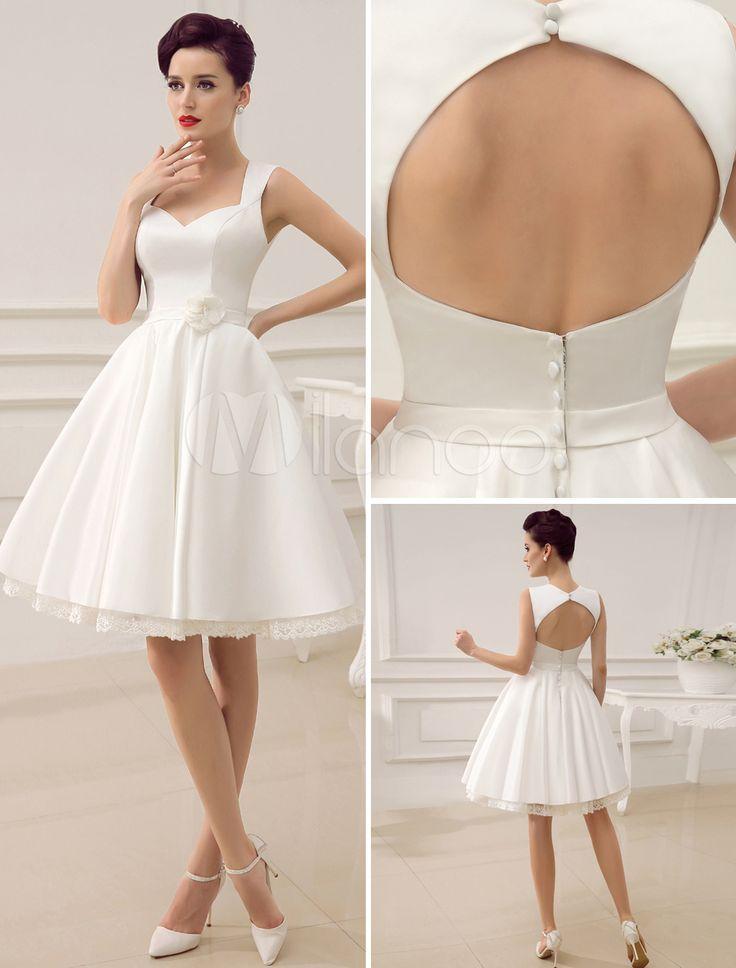 Wedding - Beach Short Wedding Dresses White Sweetheart Satin 2015 Sash Summer Sleeveless Hollow Back Knee Length Party Bridal Gown Ball Dress Custom Online with $105.92/Piece on Hjklp88's Store 