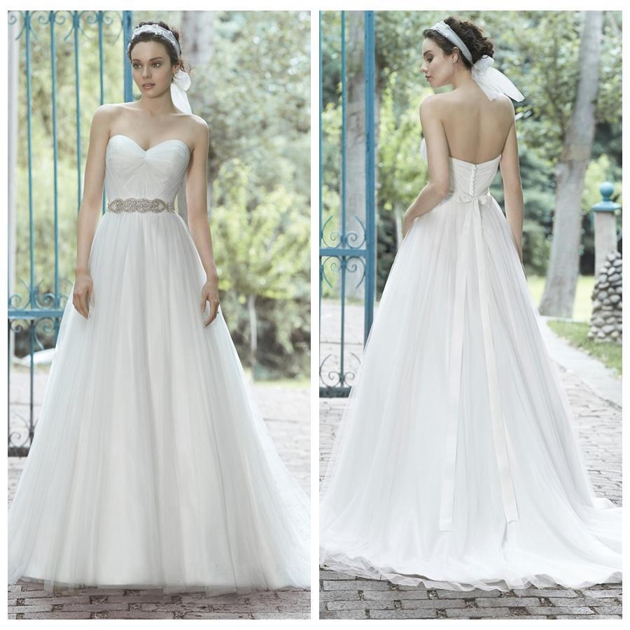 Hochzeit - 2015 A Line Wedding Dresses Sweetheart Sleeveless Beads Sash Cheap Sweep Train Tulle Pleats Custom Made New Arrive Sexy Bridal Ball Gowns Online with $121.94/Piece on Hjklp88's Store 