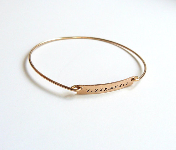 Hochzeit - Gold Bar Bangle Bracelet Roman Numeral Bracelet Bridal Jewelry Date Jewelry Personalized Bracelet