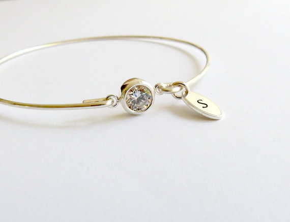Hochzeit - Personalized Diamond Bangle CZ Initial Bracelet Bridesmaid Jewelry Sterling Silver Mother's Bracelets Stacking Bangle