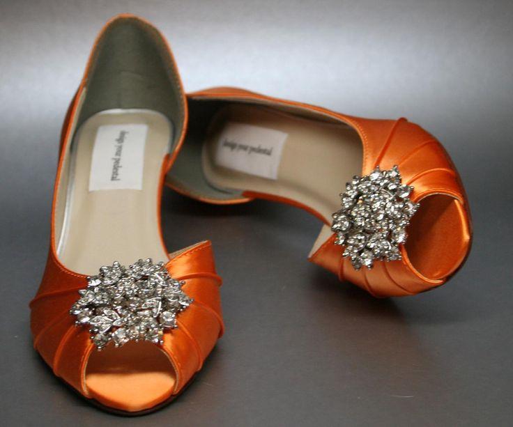Mariage - SAMPLE SALE Wedding Shoes -- Bright Orange Peeptoes With Silver Rhinestone Adornment -- Size 7 Only