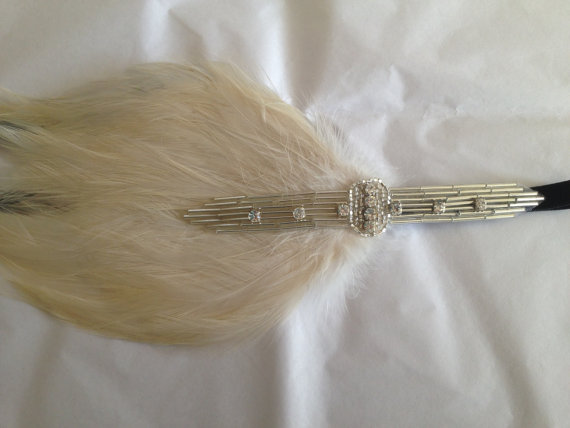 زفاف - Headband Mariage, Gatsby Feather Headband Cream OR Black Feather, Wedding Headband Bridal Headpiece Flapper 1920s Headband Black Feather