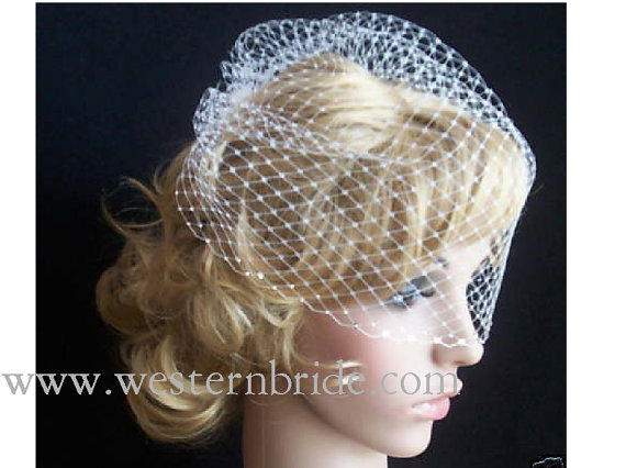 Mariage - Ivory Bridal Weding Rusian Net Birdcage Veil with  Crystal Edge