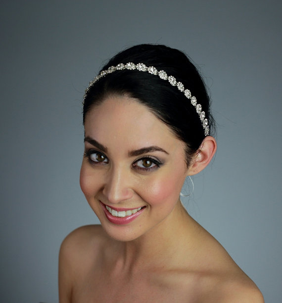 Wedding - Wedding Rhinestone Headband Attached to a Pure Silk Ribbon in Ivory, White, or Black - Ships in 1 week