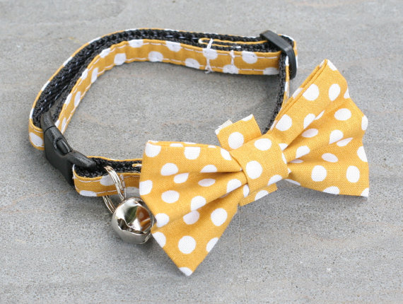 Wedding - Cat Collar with Bow Tie - Mustard Polka Dot
