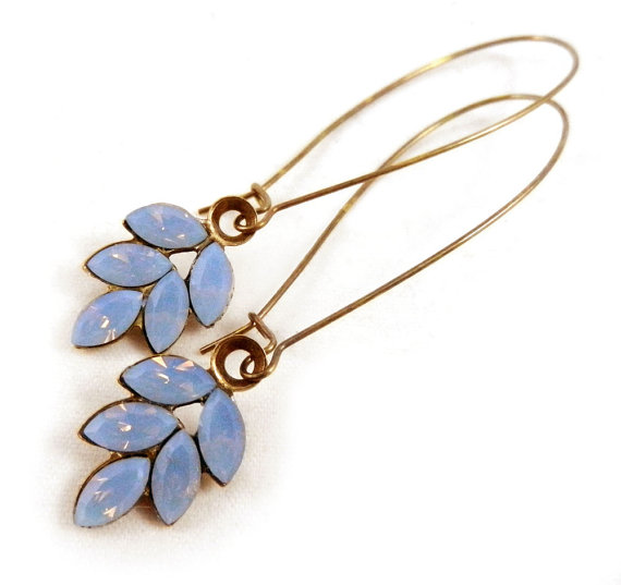 زفاف - Rhinestone Leaf Earrings, Blue Opal Rhinestone, Something Blue, Sparkling, Wedding Jewelry