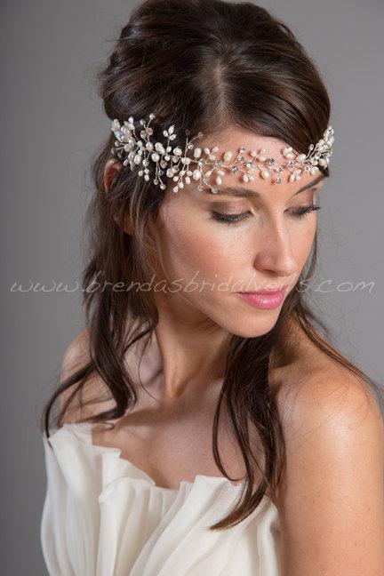 Hochzeit - Bridal Headband, Pearl Bohemian Halo, Rhinestone Bohemian Head Piece, Wedding Hair Accessory - Trish
