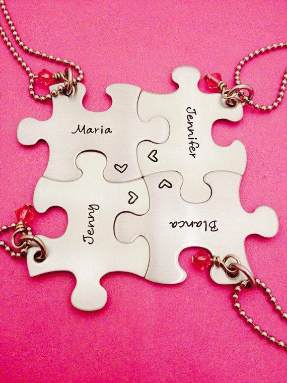 Wedding - Puzzle Piece Necklace with Name and Stone Color Personalized Hand Stamped Customizable Necklace Bridesmaid Graduation