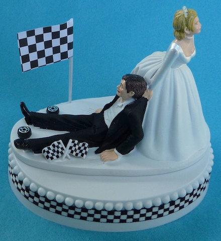 زفاف - Wedding Cake Topper Checkered Flag Tires Auto Car Racing Fan Groom Themed w/ Bridal Garter Bride Automotive Race Sport Hobby Humorous Funny