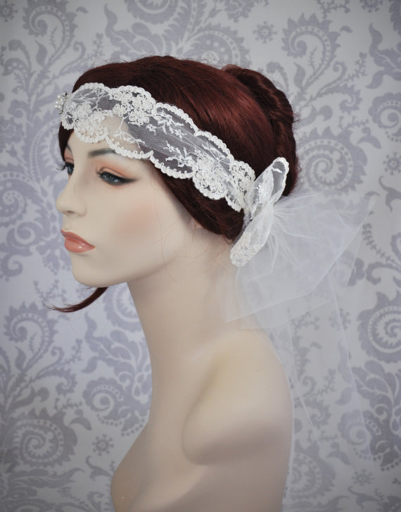 زفاف - Lace Bridal Head Piece, Bohemian Bridal Accessory, Boho Veil, Lace Bridal Cap, Ivory bridal Headband, Ivory, White, Any Color - 107HB