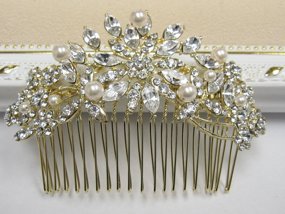 Hochzeit - Gold bridal hair comb gold wedding hair jewelry gold bridal hair accessory gold wedding hair comb gold bridal headpiece wedding hair jewelry