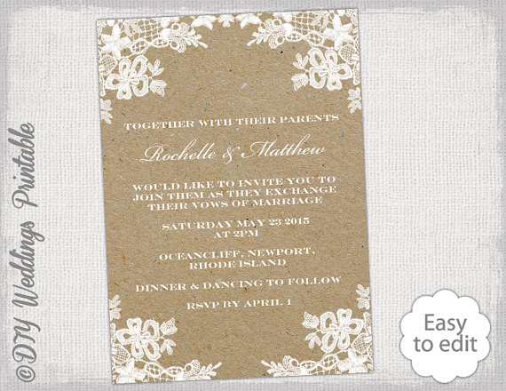 زفاف - Rustic Wedding invitation template DIY "Rustic Lace" wedding invitations portrait kraft printable ecru invites YOU EDIT Word download