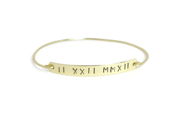 Hochzeit - ROMAN NUMERALS Personalized Gold Bangle, Bridal Party Gift! Hand Stamped Bracelet, Customized Gold Jewelry, Gold Bracelet