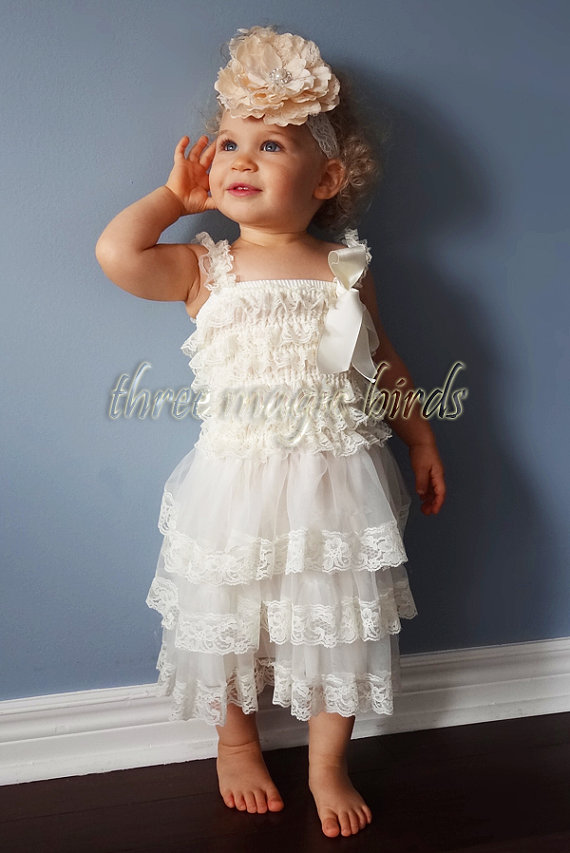 Wedding - Rustic Flower Girl Dress - IVORY Toddler Lace Petti Dress - Country Wedding Flower Girl Dress - Vintage Wedding Dress - Girl Baptism Dress