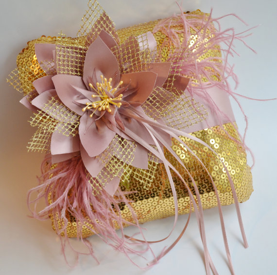 Wedding - Gold Wedding Sequins And Dusty Pink Ring Bearer Pillow