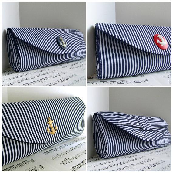 Wedding - Navy blue clutch bag, blue and white nautical clutch purse with embellishment. Striped clutch, Nautical wedding clutch. Made to Order