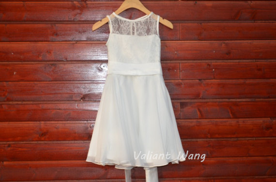 Mariage - Ivory Lace Chiffon Flower Girl Dress At Knee Length With Sash