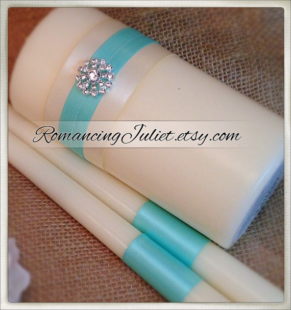 Свадьба - Custom Colors Elite Unity Candle 3 Piece Set with Rhinestone Accent....You Choose The Colors...shown in ivory/ivory/aqua