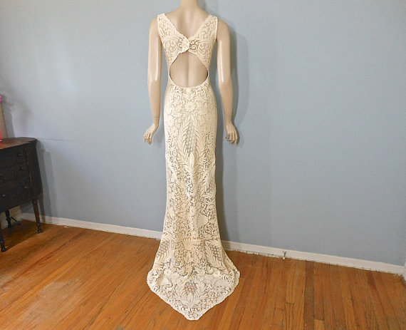 Wedding - Vintage Lace Wedding Dress, Apricot Boho WEDDING Dress, Beach wedding Dress Sz Large